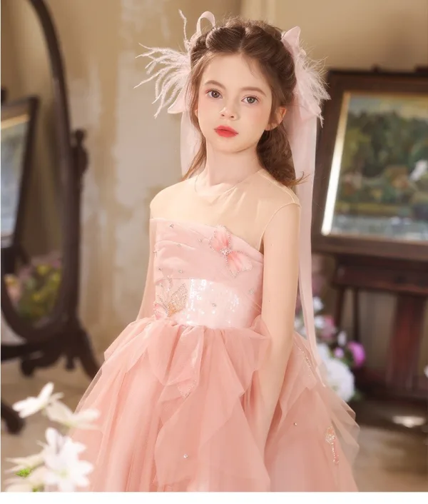 Chic / Beautiful Blushing Pink Beading Birthday Flower Girl Dresses 2025 Ball Gown Scoop Neck Sleeveless Backless Tea-length Tulle