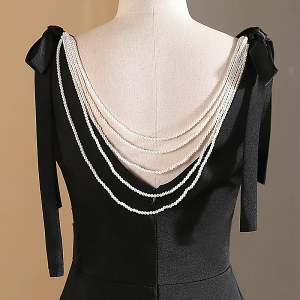 Modest / Simple Black Pearl Prom Dresses 2024 A-Line / Princess V-Neck Sleeveless Backless Floor-Length / Long Prom Formal Dresses