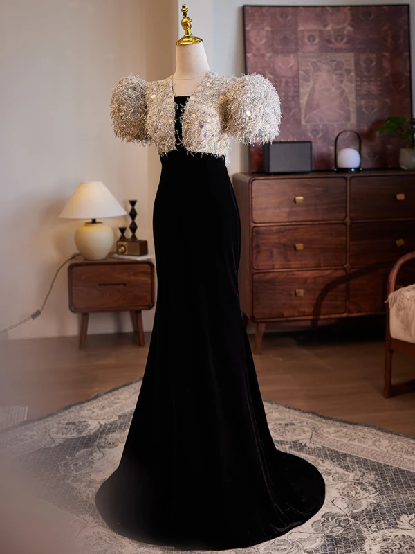 Charming Black Tassel Sequins Evening Dresses 2024 Trumpet / Mermaid V-Neck Short Sleeve Backless Floor-Length / Long Evening Party Formal Dresses