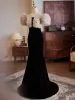 Charming Black Tassel Sequins Evening Dresses 2024 Trumpet / Mermaid V-Neck Short Sleeve Backless Floor-Length / Long Evening Party Formal Dresses