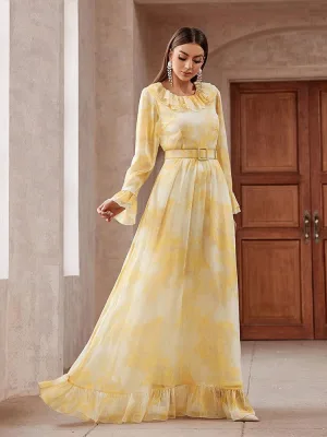 Élégant Jaune Robe De Bal 2025 Princesse Encolure Dégagée Manches De Cloche Longue Promo Robe De Ceremonie