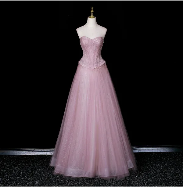 Lovely Blushing Pink Pearl Sequins Prom Dresses 2026 A-Line / Princess Strapless Sleeveless Backless Floor-Length / Long Formal Dresses