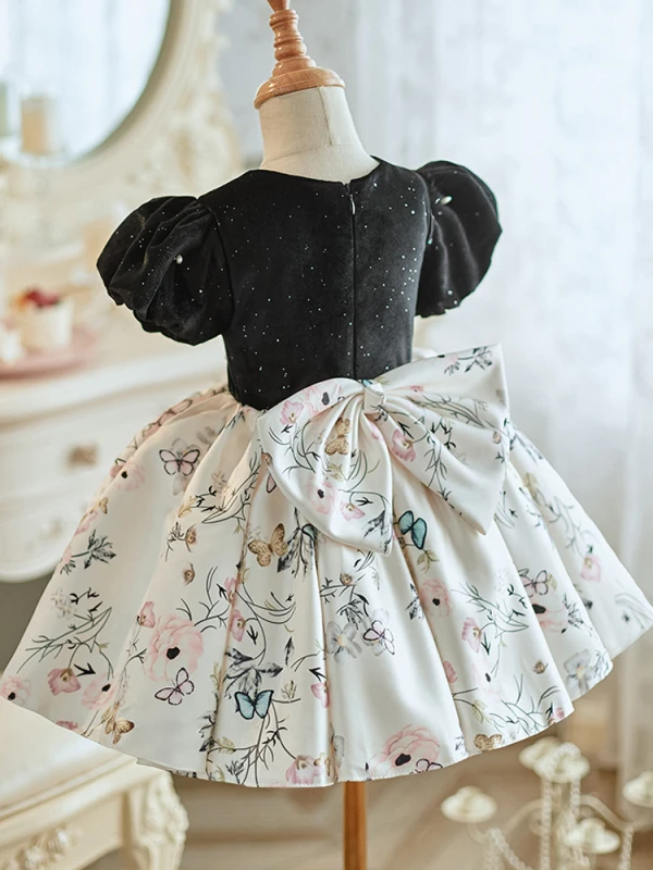 Chic / Beautiful Black Pearl Printing Birthday Flower Girl Dresses 2023 Ball Gown Scoop Neck Short Sleeve Bow Short
