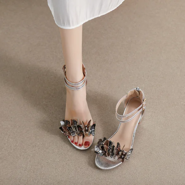 Chic / Belle Argenté Papillon Promo Sandales Femme 2023 Bride Cheville 7 cm Talons Épais Peep Toes / Bout Ouvert Sandales Talons Hauts