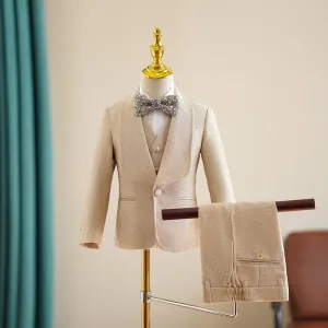 Champagne 5 Piece Long Sleeve Boys Wedding Suits 2025 Coat Pants Shirt Tie Vest Wedding