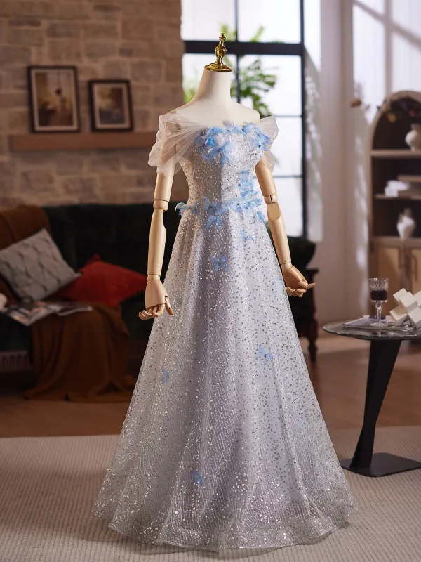 Sparkly Grey Beading Appliques Sequins Prom Dresses 2025 A-Line / Princess Off-The-Shoulder Short Sleeve Backless Floor-Length / Long Formal Dresses