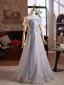 Sparkly Grey Beading Appliques Sequins Prom Dresses 2025 A-Line / Princess Off-The-Shoulder Short Sleeve Backless Floor-Length / Long Formal Dresses