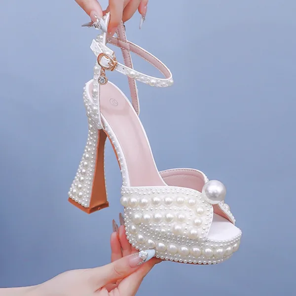 Chic / Beautiful White Pearl Wedding Shoes 2024 Ankle Strap 13 cm Thick Heels Open / Peep Toe Wedding Shoes High Heels
