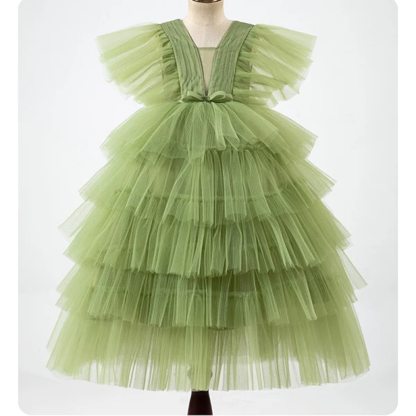 Chic / Belle Vert Cendré Volants en Cascade Anniversaire Robe Ceremonie Fille 2022 Princesse V-Cou Manches Courtes Dos Nu Longue Robe Ceremonie Fille
