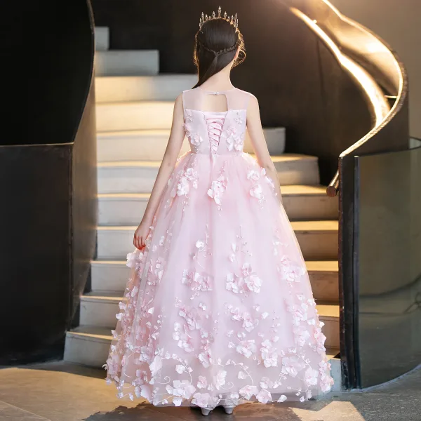 Flower Fairy Blushing Pink Pearl Appliques Birthday Flower Girl Dresses 2025 Ball Gown Scoop Neck Sleeveless Backless Floor-Length / Long
