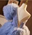 Fashion Sky Blue Cascading Ruffles Rhinestone Prom Dresses 2024 Ball Gown One-Shoulder Short Sleeve Backless Sweep Train Prom Formal Dresses