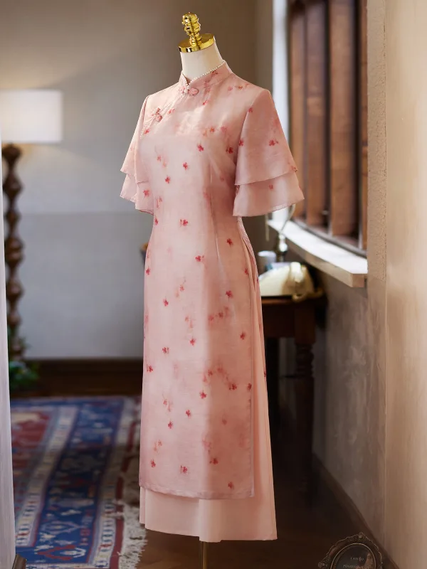 Chinese style Blushing Pink Printing Evening Party Cheongsam 2025 Trumpet / Mermaid High Neck Short Sleeve Floor-Length / Long