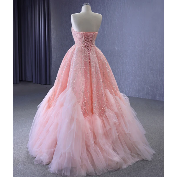 High End Pink Perlenstickerei Pailletten Rüschen Ballkleider 2023 A Linie Bandeau Ärmellos Rückenfreies Lange Ball Festliche Kleider