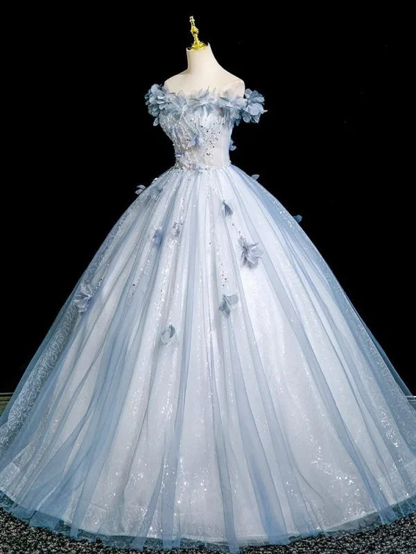 Bling Bling Sky Blue Beading Appliques Sequins Prom Dresses 2025 Ball Gown Off-The-Shoulder Short Sleeve Backless Floor-Length / Long Formal Dresses