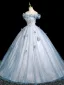 Bling Bling Sky Blue Beading Appliques Sequins Prom Dresses 2025 Ball Gown Off-The-Shoulder Short Sleeve Backless Floor-Length / Long Formal Dresses