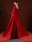 Chinese style Red Pearl Rhinestone Satin Evening Dresses 2022 A-Line / Princess V-Neck Long Sleeve Tassel Backless Evening Party Court Train Formal Dresses