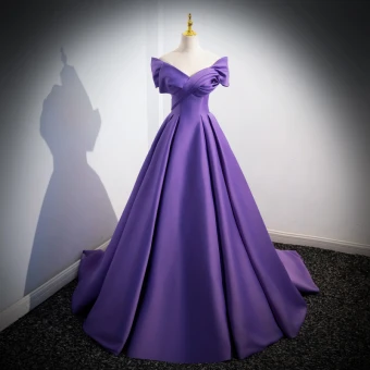 Elegant Grape Prom Dresses 2024 Ball Gown Off The Shoulder Short Sleeve Backless Sweep Train Prom Formal Dresses