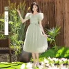 Modest / Simple Sage Green Bridesmaid Dresses 2022 A-Line / Princess Short Sleeve Backless Bow Sash Tea-length Bridesmaid Dresses