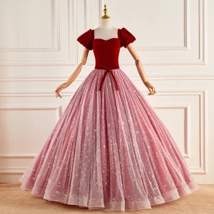 Chic Beautiful Red Prom Dresses 2023 Off The Shoulder Ball Gown Short Sleeve Backless Bow Sash Floor Length Long Prom Formal Dresses