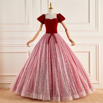 Chic Belle Rouge Robe De Bal 2023 De L Épaule Robe Boule Manches Courtes Dos Nu Noeud Ceinture Longue Promo Robe De Ceremonie