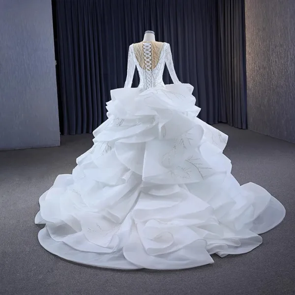 Luxury / Gorgeous Charming White Beading Sequins Cascading Ruffles Wedding Dresses 2023 Ball Gown Scoop Neck Long Sleeve Backless Chapel Train Wedding