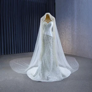 Haut De Gamme Blanche Fait Main Perlage Perle Paillettes Robe De Mariée 2023 Trompette Sirène Encolure Dégagée Manches Longues Tribunal Train Mariage