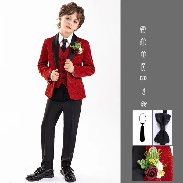 Black Long Sleeve Wedding Boys Wedding Suits 2025 Body Jewellery Coat Pants Shirt Tie Vest Boys Wedding Suits