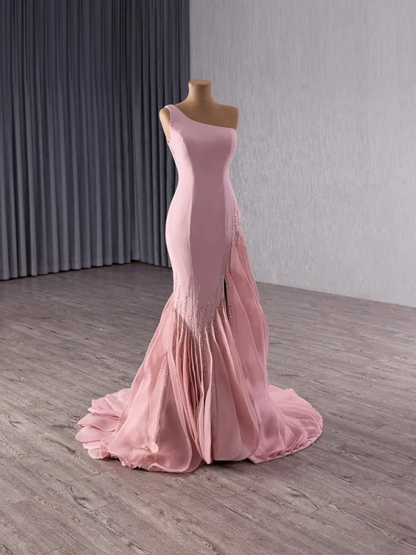 High End Rosa Ballkleider 2025 Meerjungfrau One-Shoulder Ärmellos Rückenfreies Sweep / Pinsel Zug Festliche Kleider
