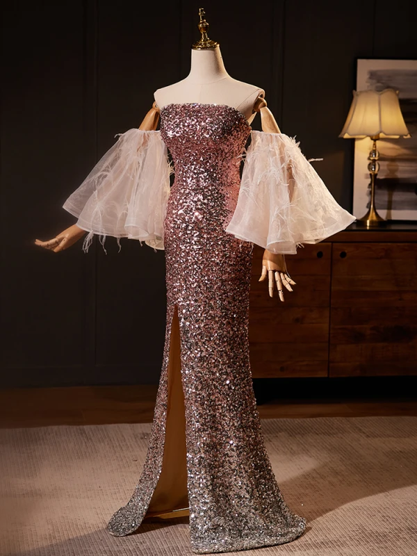 Scintillantes Sexy Champagne Paillettes Fendue devant Robe De Soirée 2024 Trompette / Sirène Bustier Sans Manches Dos Nu Longue Soirée Robe De Ceremonie