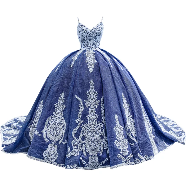 High-end Ocean Blue Glitter Beading Lace Flower Prom Dresses 2023 Ball Gown Spaghetti Straps Sleeveless Backless Floor-Length / Long Prom Formal Dresses