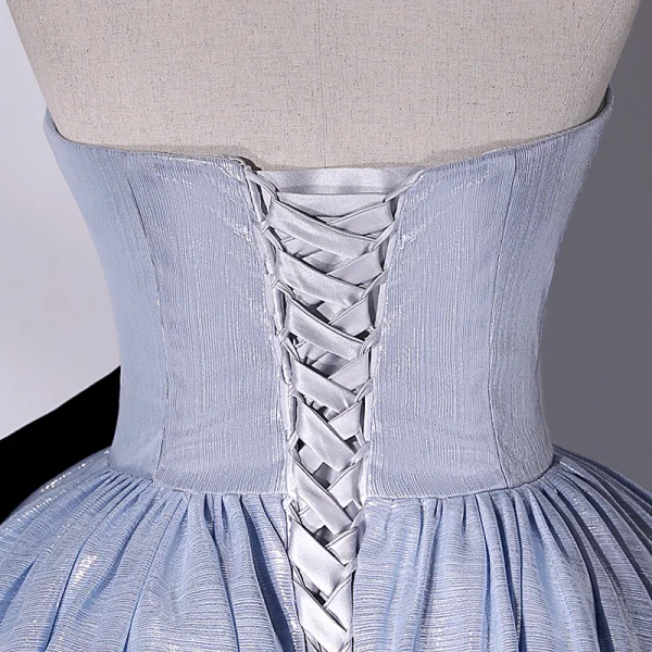 Modest / Simple Fashion Sky Blue Prom Dresses 2022 Ball Gown Strapless Sleeveless Bow Backless Floor-Length / Long Prom Formal Dresses