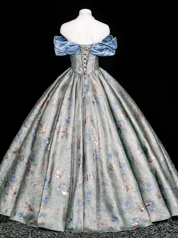 Vintage / Retro Pool Blue Rhinestone Printing Prom Dresses 2025 Ball Gown Off-The-Shoulder Short Sleeve Backless Floor-Length / Long Formal Dresses