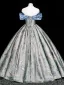 Vintage / Retro Pool Blue Rhinestone Printing Prom Dresses 2025 Ball Gown Off-The-Shoulder Short Sleeve Backless Floor-Length / Long Formal Dresses