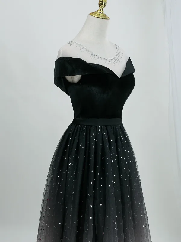 Bling Bling Black Star Sequins Prom Dresses 2026 A-Line / Princess Scoop Neck Short Sleeve Backless