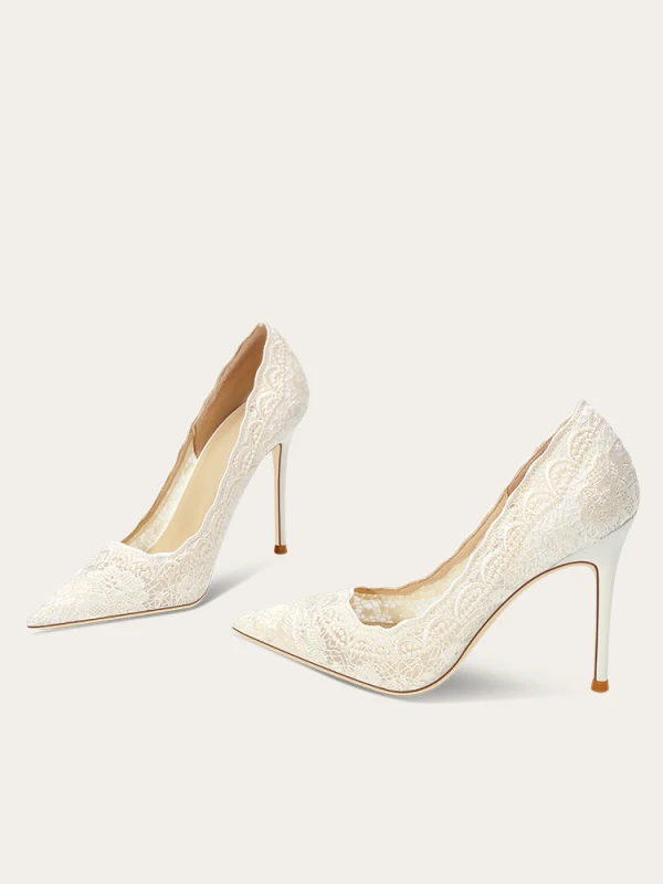 Élégant Ivoire En Dentelle Fleur Cuir Chaussure De Mariée 2023 10 cm Talons Aiguilles À Bout Pointu Mariage Escarpins Talons Hauts