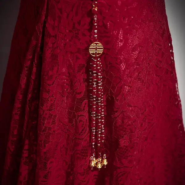 Chinese style Burgundy Pearl Rhinestone Lace Flower Evening Dresses 2022 A-Line / Princess High Neck Short Sleeve Floor-Length / Long Evening Party Formal Dresses