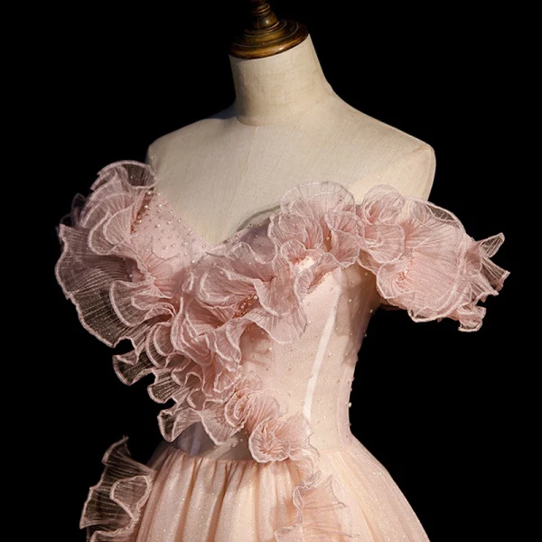 Classy Pearl Pink Pearl Sequins Prom Dresses 2022 A-Line / Princess Off-The-Shoulder Ruffle Flower Short Sleeve Backless Floor-Length / Long Prom Formal Dresses
