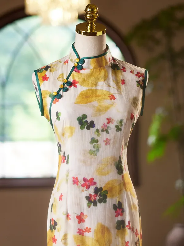 Chinese style Yellow Printing Tea-length Prom Split Front Cheongsam 2024 Trumpet / Mermaid High Neck Sleeveless