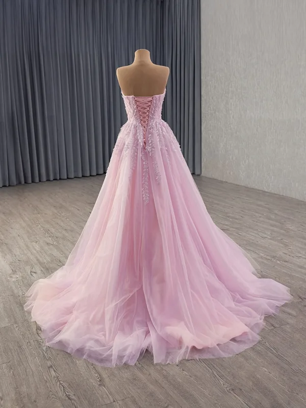 High-end Blushing Pink Appliques Beading Pearl Prom Dresses 2025 A-Line / Princess Strapless Sleeveless Backless Sweep Train Prom Formal Dresses