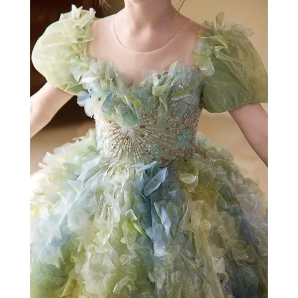 Flower Fairy Sage Green Beading Sequins Appliques Birthday Flower Girl Dresses 2025 Ball Gown Scoop Neck Short Sleeve Backless Floor-Length / Long