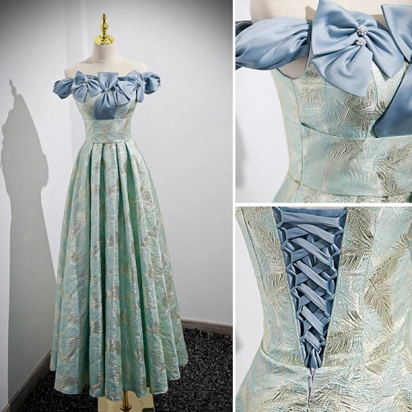 Chic / Beautiful Mint Green Printing Prom Dresses 2022 A-Line / Princess Off-The-Shoulder Pearl Bow Sleeveless Backless Floor-Length / Long Prom Formal Dresses
