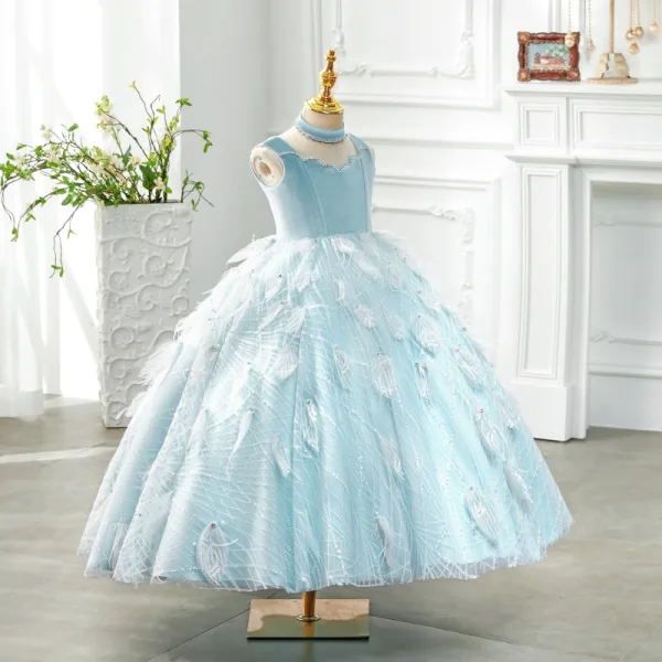 Classy Sky Blue Beading Rhinestone Sequins Birthday Flower Girl Dresses 2024 Ball Gown High Neck Sleeveless Floor-Length / Long Tulle