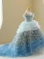 Fashion Multi-Colors Sky Blue Cascading Ruffles Sequins Birthday Flower Girl Dresses 2023 Ball Gown Scoop Neck Short Sleeve Court Train Tulle