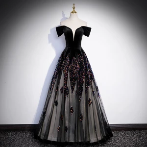 Sexy Black Sequins Evening Dresses 2023 A Line Princess Off The Shoulder Short Sleeve Backless Floor Length Long Evening Party Formal Dresses