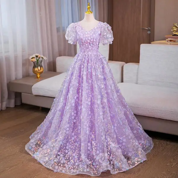 Flower Fairy Lavender Sequins Appliques Prom Dresses 2024 Ball Gown V-Neck Short Sleeve Backless Floor-Length / Long Prom Formal Dresses