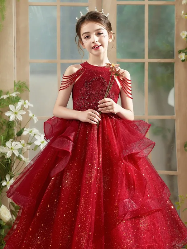 Chic / Beautiful Red Beading Sequins Cascading Ruffles Birthday Flower Girl Dresses 2025 Ball Gown Scoop Neck Sleeveless Floor-Length / Long