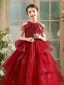 Chic / Beautiful Red Beading Sequins Cascading Ruffles Birthday Flower Girl Dresses 2025 Ball Gown Scoop Neck Sleeveless Floor-Length / Long