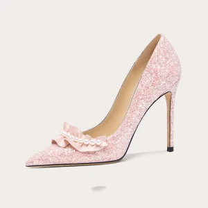 Charming Pearl Sequins Leather Candy Pink Wedding Shoes 2024 10 Cm Stiletto Heels Pointed Toe Wedding Pumps High Heels