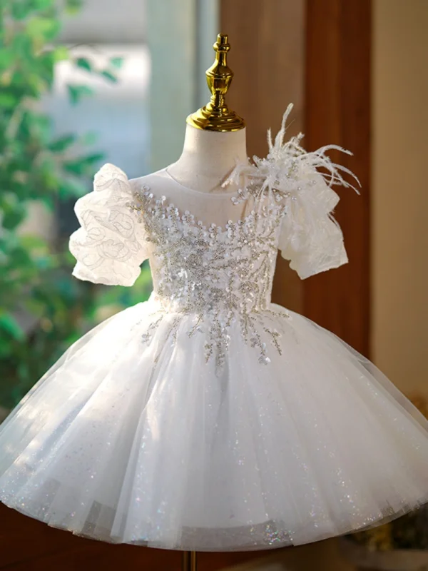 Fashion White Beading Sequins Tassel Short Birthday Flower Girl Dresses 2023 Ball Gown Scoop Neck Puffy Short Sleeve