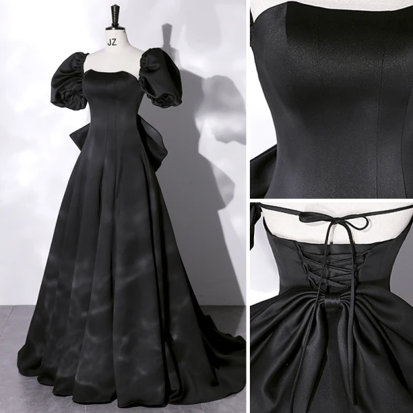 Élégant Noire Satin Robe De Bal 2022 Princesse Encolure Carrée Manches Courtes Dos Nu Noeud Train De Balayage Robe De Ceremonie